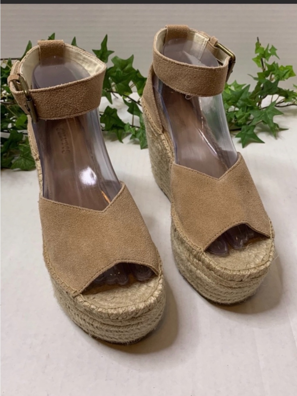 Soludos Tan Suede Espadrille Platform Wedges with Ankle Buckle